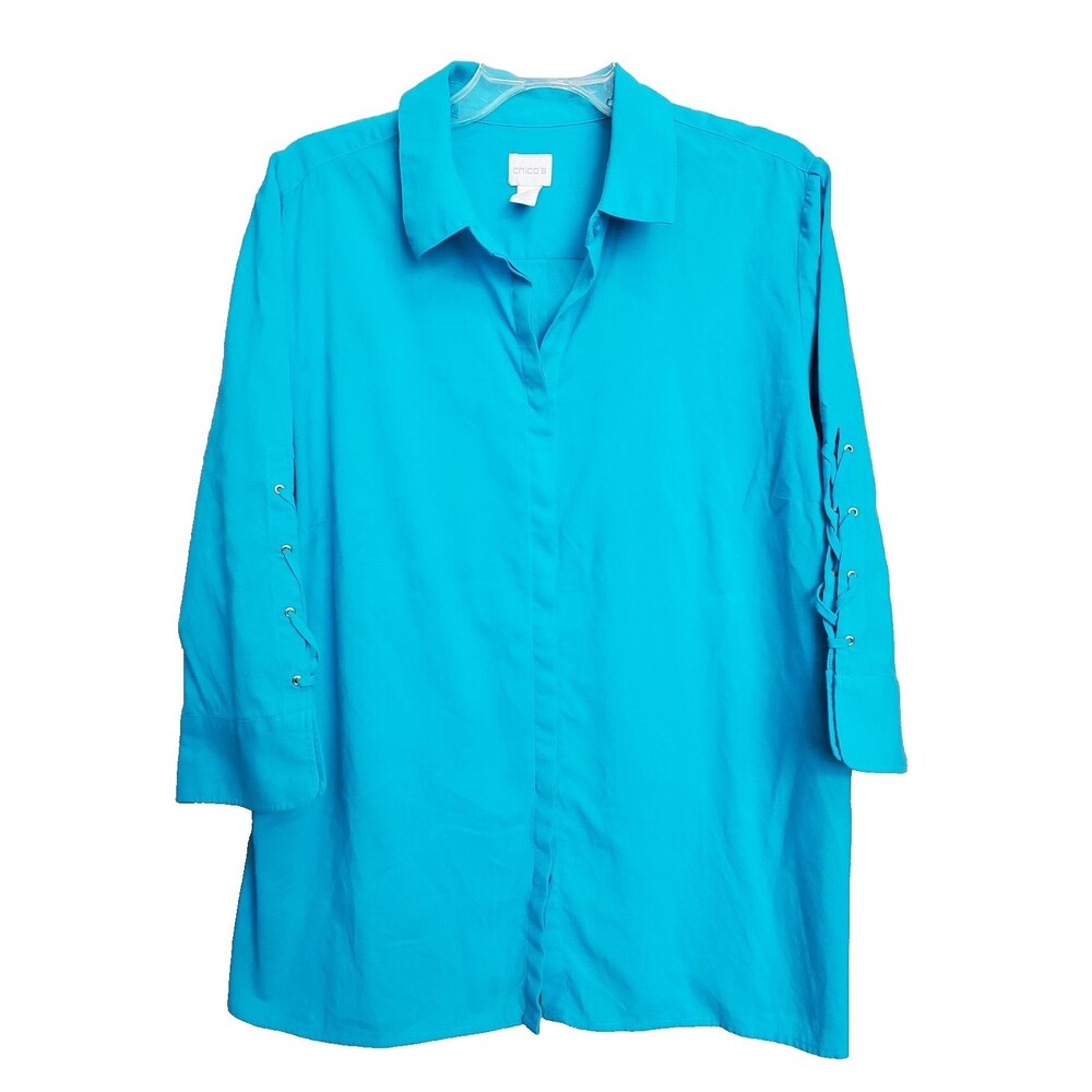 Chico's 100% Cotton Lace-Up Sleeve Blue Button-Up Shirt SIze 3 (XL)